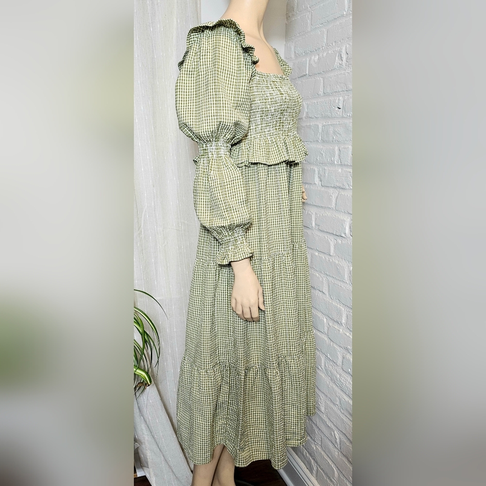 Frances Hart Maternity Green Gingham Smocked Midi Dress Silver Thread Size M - Picture 4 of 6